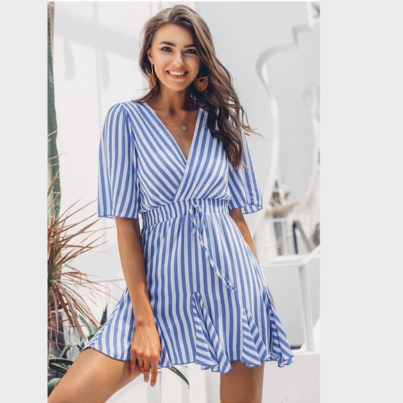 Striped Fit and Flare White & Blue Short Dress - Picture 4 of 8